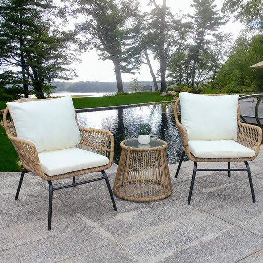 3 Pieces Outdoor Wicker Chair Set with Beige Cushion