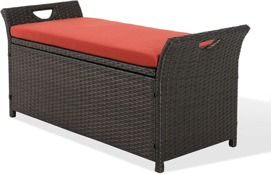 Patio Wicker Storage Bench with Red Cushion