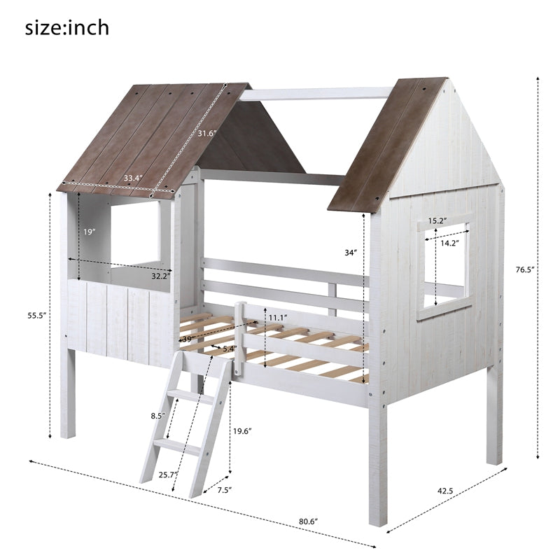 Twin Size Low Loft Wood House Bed with Two Side Windows, for Kids, Teens, Girls and Boys