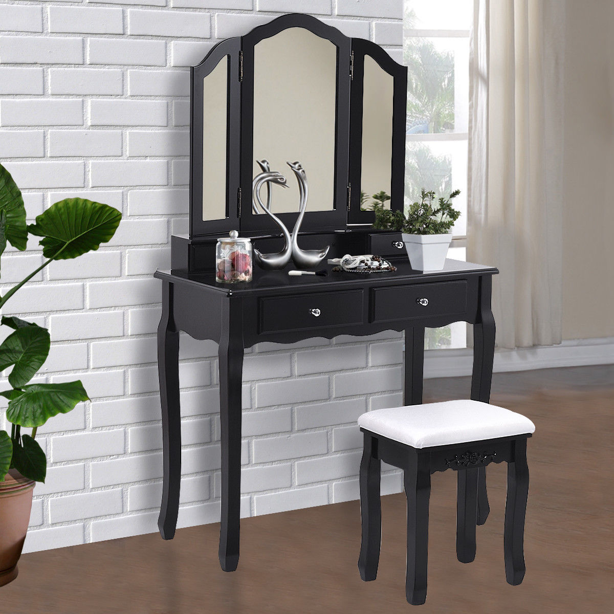 Vanity Table and Stool Set with 4 Drawers and a Tri Folding Mirror
