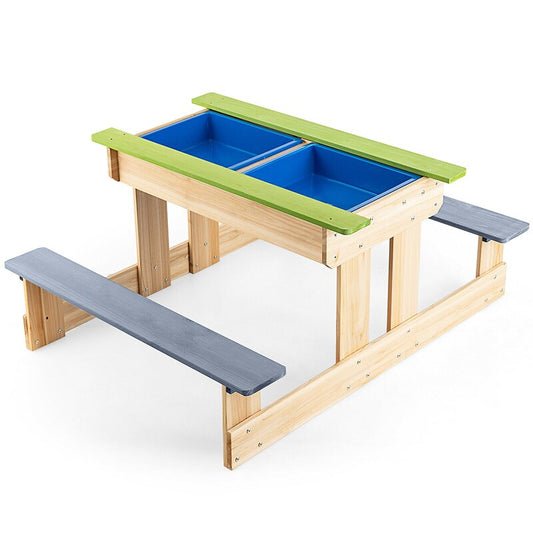 3-in-1 Outdoor Wooden Kids picnic table with Play Boxes