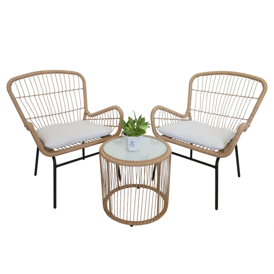 3 Piece Patio Wicker Chairs Set with Glass Top Table and Soft Cushions